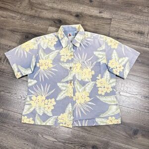 Pearl Head Bay Shirt Womens 10 Blue Floral Linen Hawaiian Tropical Button Front